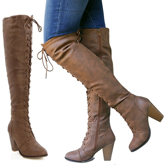 Forever Womens Almond Toe Chunky Heel Knee High Combat Riding Boots 7.5 Tan Forever Womens Almond Toe Chunky Heel Knee High Combat Riding Boots 7.5 Tan
